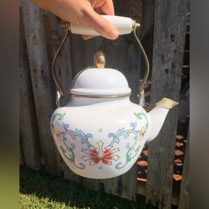 Vintage Tea Kettle Pot Enamel National Housewares 1988 Floral Scroll Granny Core